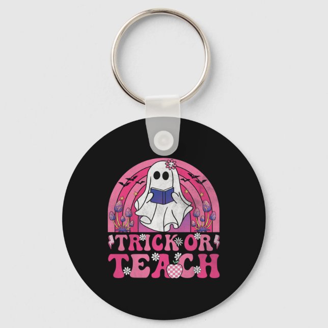 Trick Or Teach Groovy Halloween Retro Boo Ghost Te Key Ring (Front)