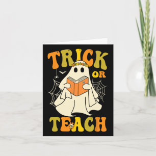 Trick Or Teach Groovy Halloween Retro Floral Ghost Card