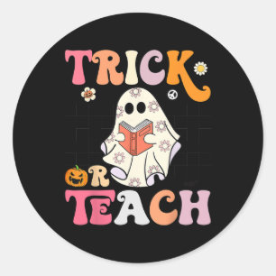 Trick or Teach Groovy Halloween Retro Floral Ghost Classic Round Sticker