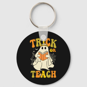 Trick Or Teach Groovy Halloween Retro Floral Ghost Key Ring
