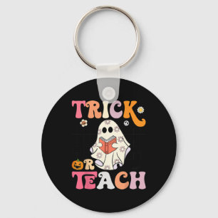 Trick or Teach Groovy Halloween Retro Floral Ghost Key Ring