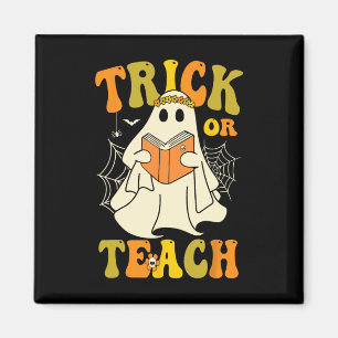 Trick Or Teach Groovy Halloween Retro Floral Ghost Magnet