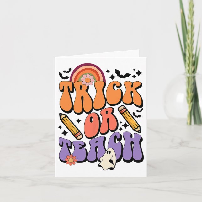 Trick Or Teach Groovy Teacher Ghost Funny Hallowee Card (Front)