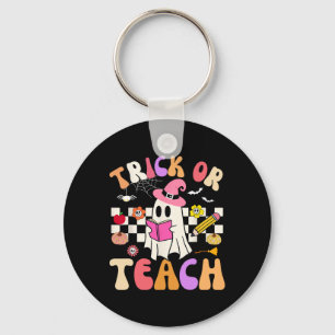Trick Or Teach Groovy Teacher Halloween Retro Flor Key Ring
