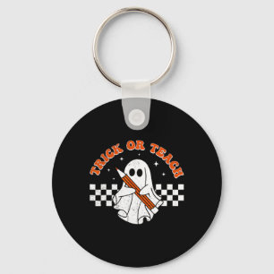 Trick Or Teach Groovy Teacher Halloween Retro Flor Key Ring