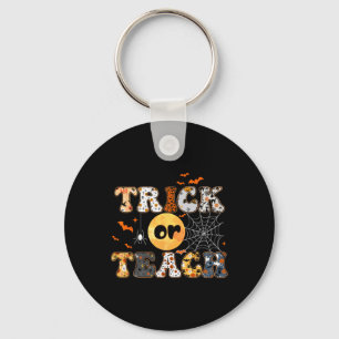 Trick Or Teach Groovy Teacher Halloween Retro Flor Key Ring