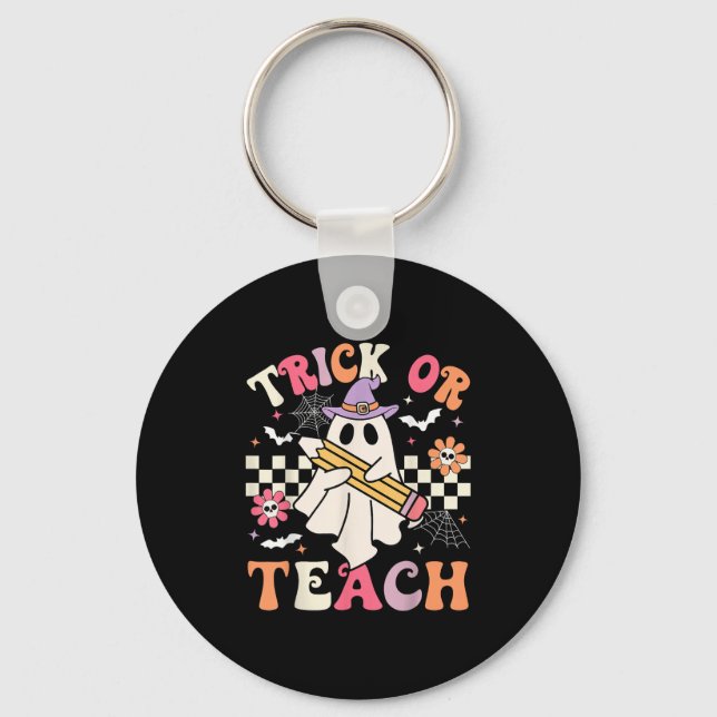 Trick Or Teach Groovy Teacher Halloween Retro Flor Key Ring (Front)