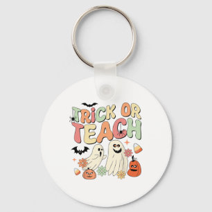 Trick Or Teach Halloween Teacher Groovy Retro Pump Key Ring