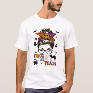 Trick Or Teach One Spooky Teacher Messy Bun Hallow T-Shirt