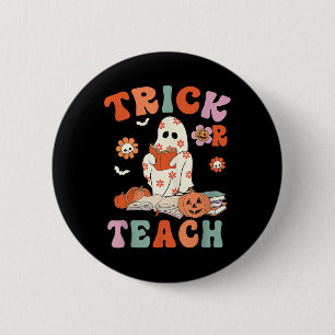 Trick Or Teach Retro Groovy Floral Ghost Teacher H 6 Cm Round Badge