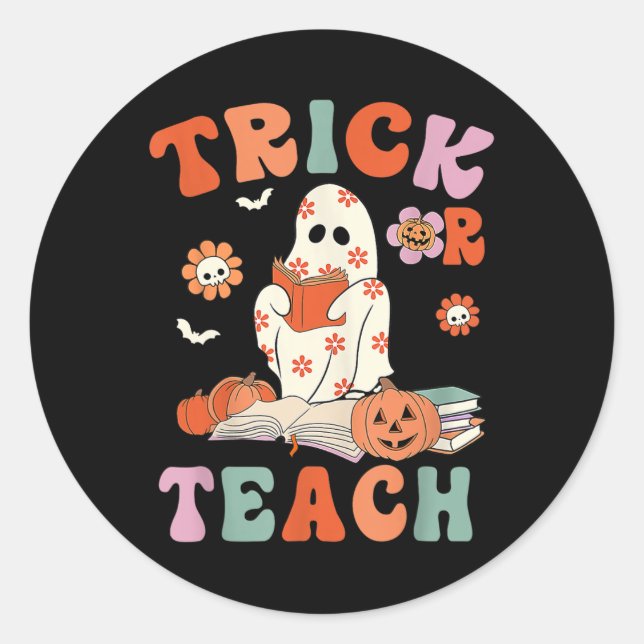 Trick Or Teach Retro Groovy Floral Ghost Teacher H Classic Round Sticker (Front)