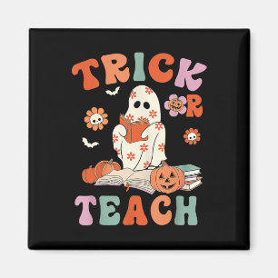 Trick Or Teach Retro Groovy Floral Ghost Teacher H Magnet