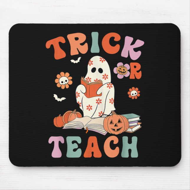 Trick Or Teach Retro Groovy Floral Ghost Teacher H Mouse Mat (Front)