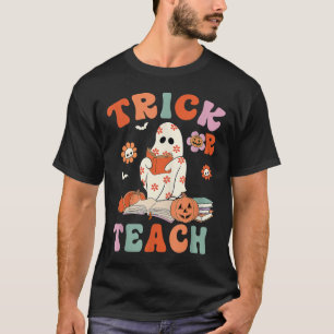 Trick Or Teach Retro Groovy Floral Ghost Teacher H T-Shirt