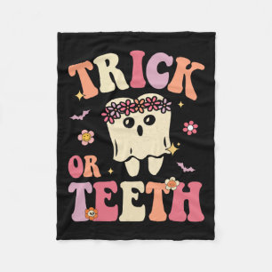 Trick Or Teeth Ghost Groovy Dental Halloween Treat Fleece Blanket