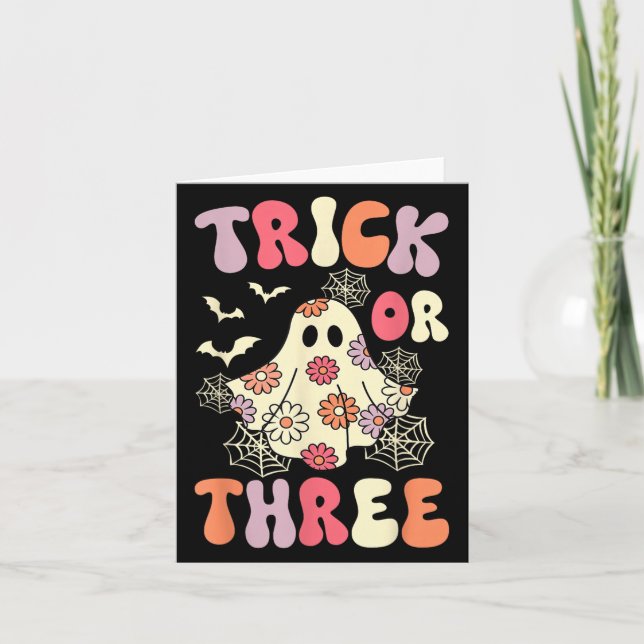 Trick Or Three 3 Years Old Birthday Groovy Ghost H Card (Front)