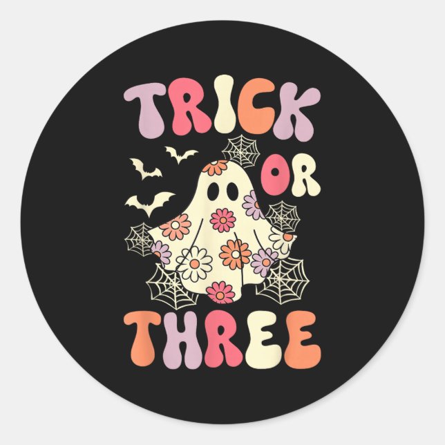 Trick Or Three 3 Years Old Birthday Groovy Ghost H Classic Round Sticker (Front)