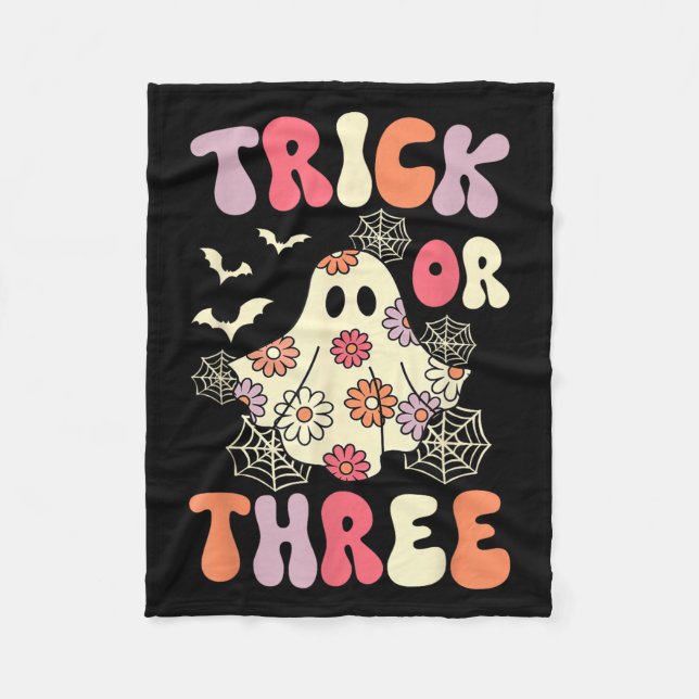 Trick Or Three 3 Years Old Birthday Groovy Ghost H Fleece Blanket (Front)