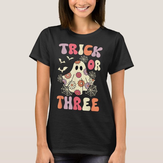 Trick Or Three 3 Years Old Birthday Groovy Ghost H T-Shirt (Front)