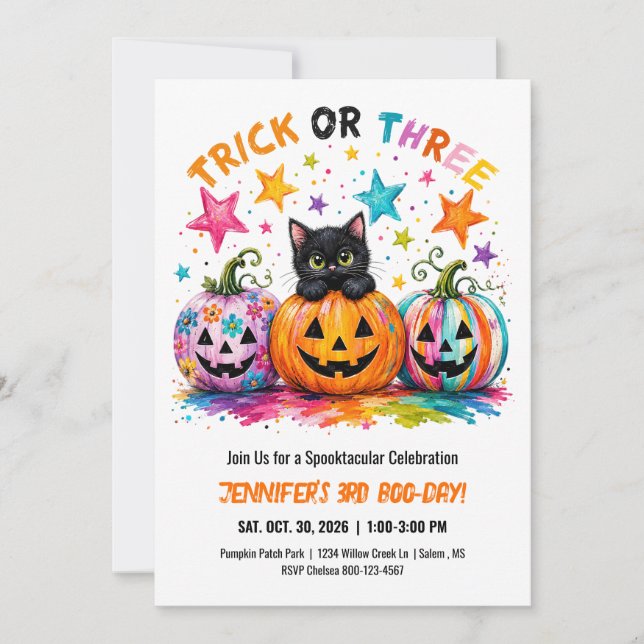 Trick or Three 3rd Birthday Halloween Party Cat  Invitation (Front)