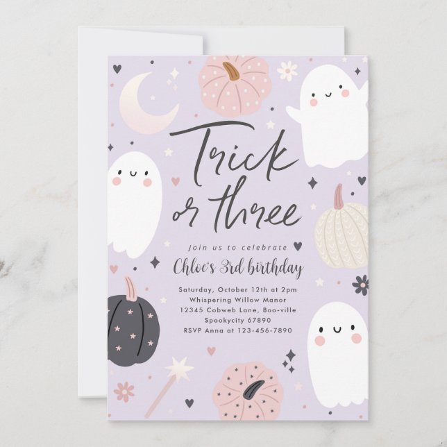 Trick Or Three Boho Halloween Ghost 3rd Birthday Invitation (Front)