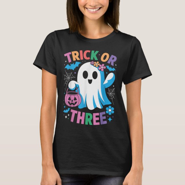 Trick Or Three Cute Ghost Groovy 3rd Birthday Girl T-Shirt (Front)