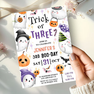 Trick or Three! Cute Ghosts Halloween 3rd Birthday Invitation