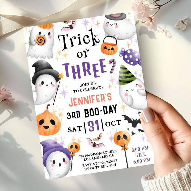 Trick or Three! Cute Ghosts Halloween 3rd Birthday Invitation (Creator Uploaded)