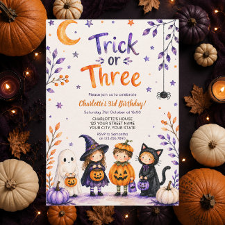 Trick or Three Cute Halloween 3rd Birthday Party Invitation
