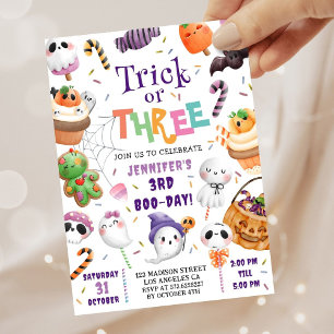 Trick or Three! Cute Purple Halloween 3rd Birthday Invitation