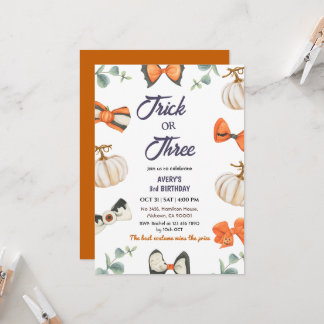 Trick or Three Halloween Birthday Pumpkin Bow cute Invitation
