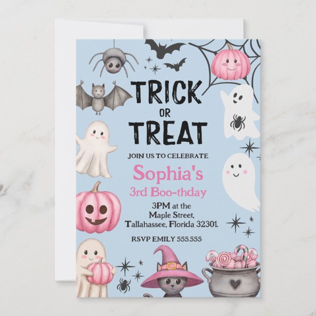 Trick Or Three Halloween Ghost 3rd Birthday Party Invitation (Front)