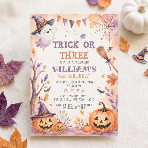 Trick Or Three Pumpkin Ghost Birthday Invitation