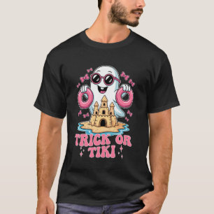 Trick Or Tiki Funny Summer Halloween Cat Ghost Bea T-Shirt