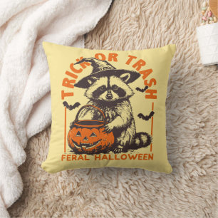 Trick or Trash Funny Racoon Halloween Vintage  Cushion