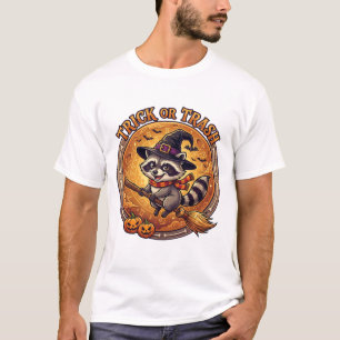 Trick Or Trash Raccoon Witch Hat Broom Pumpkins T-Shirt
