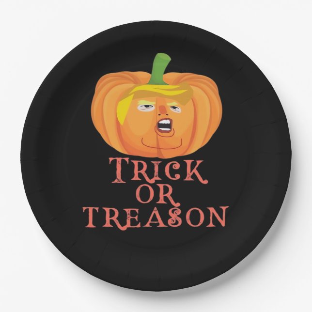 Trick Or Treason Halloween Impeach Trumpkin Design Paper Plate (Front)