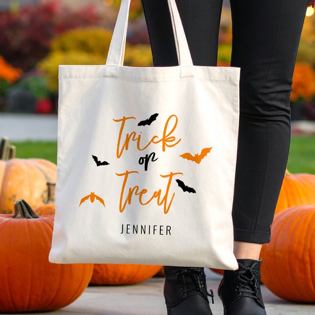 Trick Or Treat Black And Orange Typography & Bats Tote Bag (Disclaimer: This image is digital mockup.)
