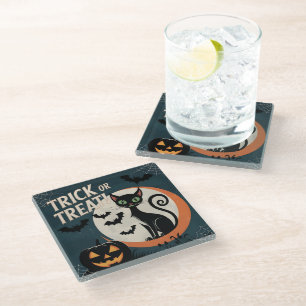 Trick or treat black cat glass coaster