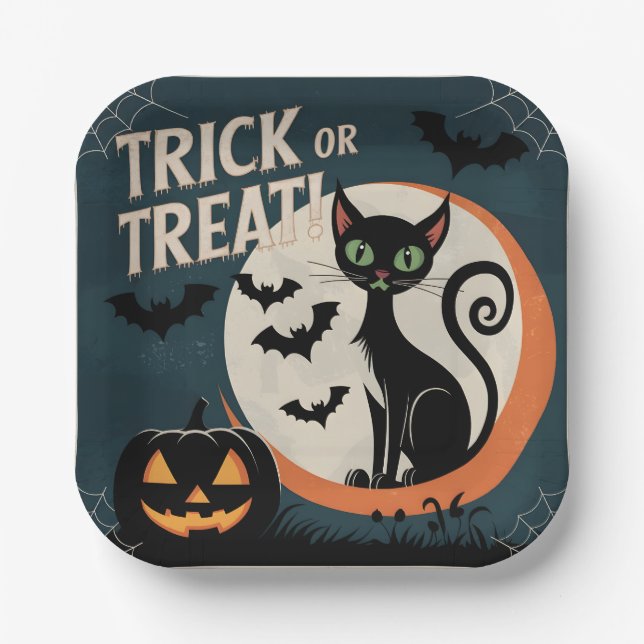 Trick or treat black cat paper plate (Front)