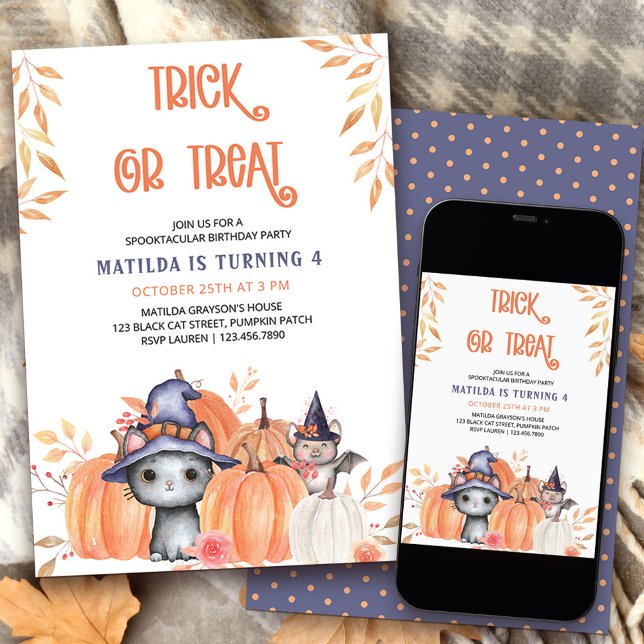 Trick or Treat Black Cat Pumpkin Patch Birthday In Invitation (Trick or Treat Halloween birthday party invitation with cute black cat and quirky wording)
