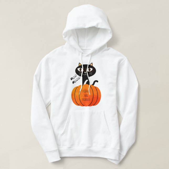 Trick or Treat Black Orange Cat Pumpkin Halloween Hoodie (Design Front)