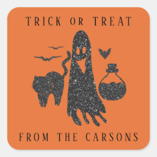 Trick or Treat Black Orange Halloween Ghost Witch Square Sticker