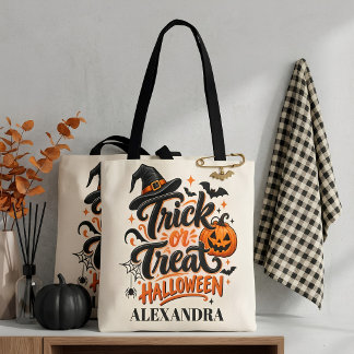 Trick or Treat Black Orange Script Halloween Tote Bag