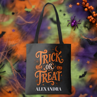 Trick or Treat Black Orange Script Halloween Tote Bag