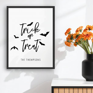 Trick Or Treat Black Script With Bats Halloween Poster