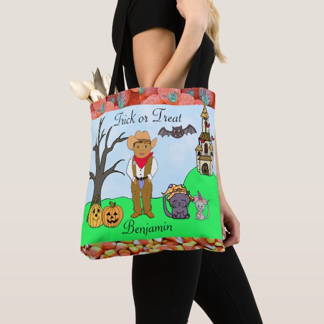 Trick or Treat Boy's Cowboy Costume Halloween Tote Bag (Close Up)