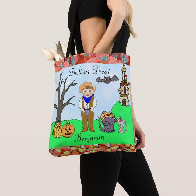 Trick or Treat Boy's Cowboy Costume Halloween Tote Bag (Close Up)