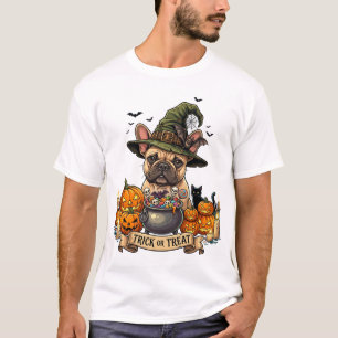 Trick Or Treat Bulldog Witch Hat Pumpkins Cauldron T-Shirt