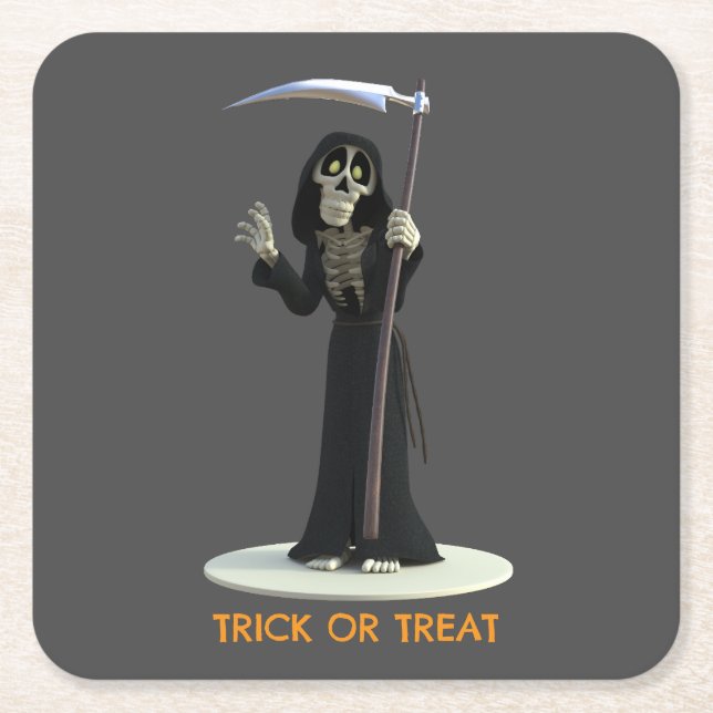 Trick or Treat. Cartoon Grim Reaper Square Paper Coaster (Front)